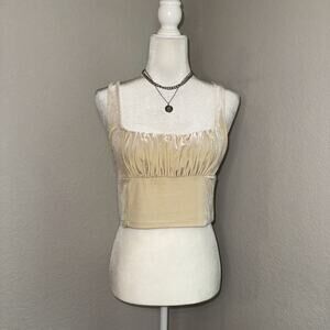 Bear Dance Velvet Crop Top Womens Large Beige Stretch Square Neck Ruched Front
